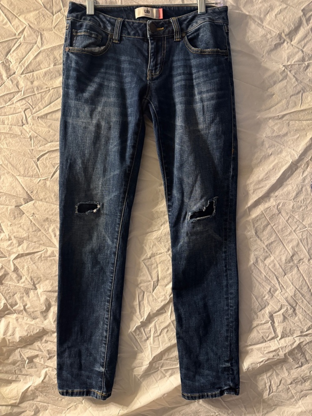 CAbi Dark Blue Low Rise Slim Boyfriend Skinny Jeans with Knee Distressing